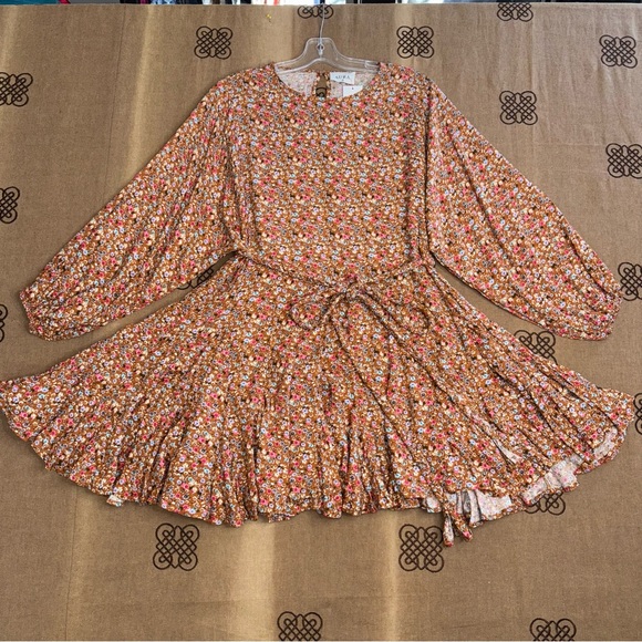 Aura Ella Mini Print Braided Brll Short Dress In Brown /Multi Floral Print - Picture 2 of 16